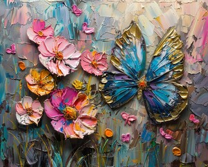 Goldlined flowers and butterfly in abstract oil, palette knife strokes, capturing the spirit of ceramic street art