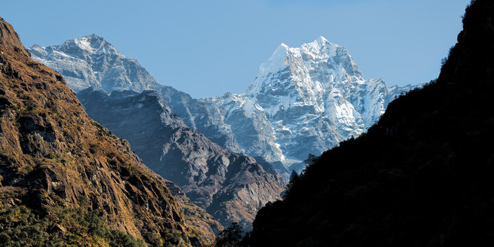 Nepal, Khumbu, Scenic panorama of Himalayas with Kyajo Ri peak in background
