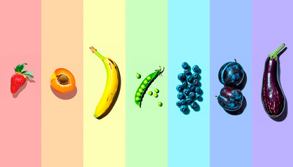 Collage with different types of fruits and vegetables. Pastel rainbow colours
