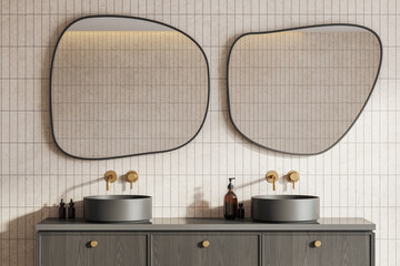 Fototapeta premium Modern hotel bathroom interior with double sink and accessories on vanity