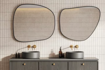 Gardinen Modern hotel bathroom interior with double sink and accessories on vanity © ImageFlow