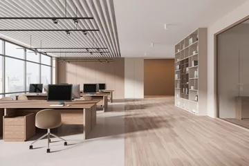 Selbstklebende Fototapeten Beige open space office interior with bookcase © ImageFlow