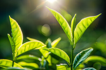 close up Green tea leaf shoots, Background morning light - 779482349