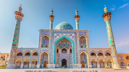 An ornate mosque with colorful mosaics and towering minarets  AI generated illustration