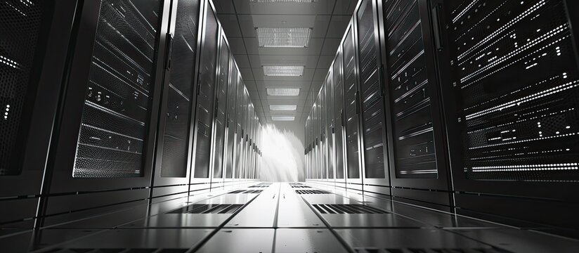 A monochrome photo of a server room, with parallel rows of servers creating a symmetrical pattern in the rectangular space. The darkness enhances the tints and shades of the metal equipment