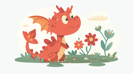 Little dragon with flower vector illustration Flat vector