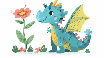 Little dragon with flower vector illustration Flat vector