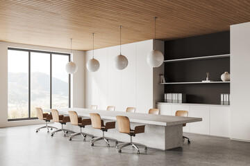 Modern office room interior with meeting table and shelf with panoramic window