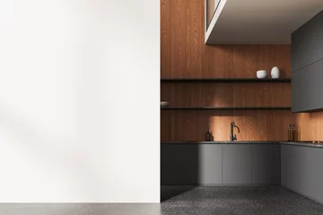 Foto op Aluminium Wooden and white kitchen interior with cabinets and blank wall © ImageFlow