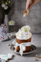 Easter cake decorated with meringue and chocolate eggs