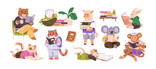 Cute animals reading books set. Funny fantasy characters studying, learning with textbooks. Fairy-tale bear, bunny, cat, tiger and monkey. Flat graphic vector illustration isolated on white background