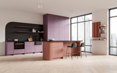 White and purple kitchen corner with island