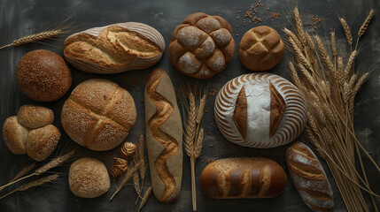 A variety of breads and baguettes are arranged on an old wooden table, showcasing the variety in shapes, textures, colors, and grains, with wheat stalks beside them.