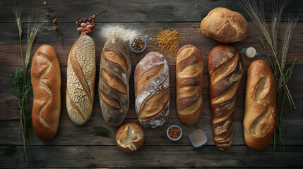 A collection of delicious breads and pastries arranged on the table, with wheat ears scattered around them. - obrazy, fototapety, plakaty