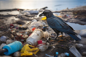 Obraz premium Raven standing amidst plastic pollution on a beach.