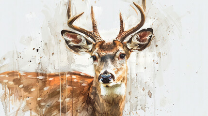 Deer in painted  on canvas Isolated on white background.