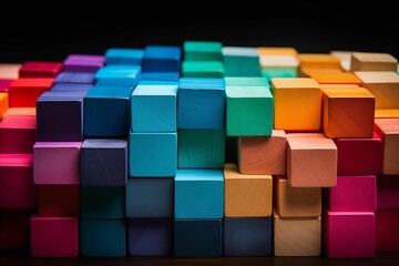 Colored Wooden Cubes Blocks Isolated on Black Background. Generative AI