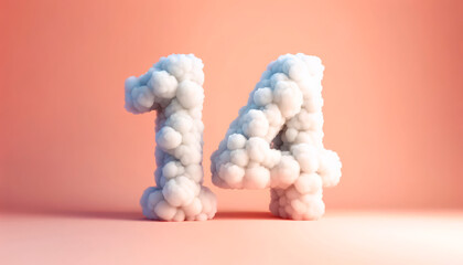 Cotton ball numbers 1 and 4 on a peach background, a simple yet creative concept for educational...