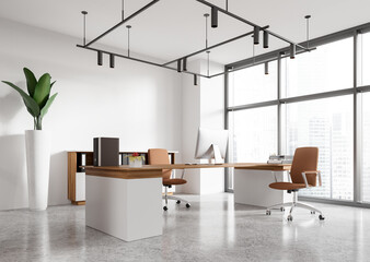 White office interior with ceo workspace and pc computer, panoramic window