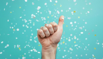 Thumbs Up Hand Gesture with Celebratory Confetti.