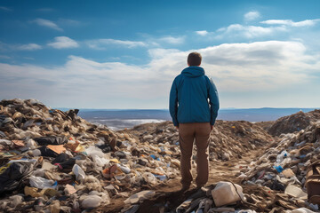 Man facing away towards a vast landfill.