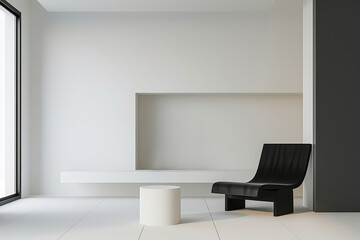 black chair with a simple design sits in front of a white table in a bright white room