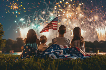 independence day (July 4th, in the us) A photo of the American flag waving in front, with fireworks illuminating the night sky behind during a family picnic for a heavy air show on a night at Lake
