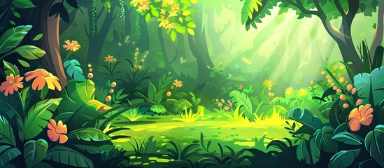 Deurstickers The sun is casting its rays through the lush green canopy of trees in the jungle, creating a picturesque natural landscape for people to enjoy and find entertainment in nature © AkuAku