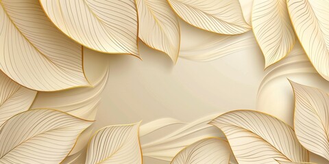 Luxurious cream wavy background with leaf intricate golden line elements.