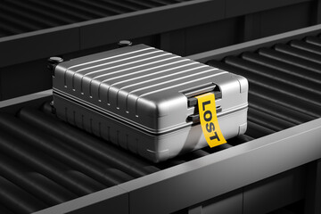Metal suitcase on conveyor belt at the airport with yellow lost sticker
