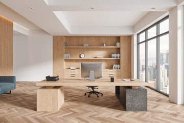 Wooden business interior with work desk, pc desktop and shelf near window