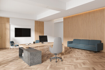 Stylish wooden office interior with work desk, chill zone and tv screen