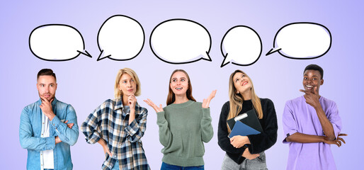 Pensive young people group portrait speech bubbles opinion making row teamwork solution