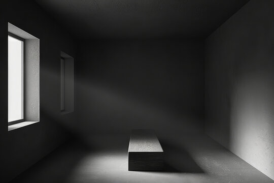 dark room with a wooden bench positioned directly in front of a window