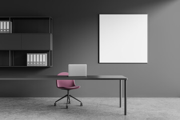 Grey business room interior with work desk and laptop. Mockup frame