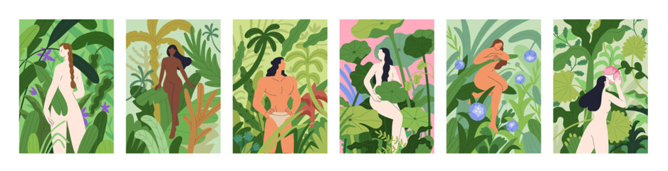 Obraz premium Characters in nature, posters set. People enjoying forest and jungle. Female and male nude bodies, human walking among leaf plants, flowers. Harmony, unity with environment. Flat vector illustration
