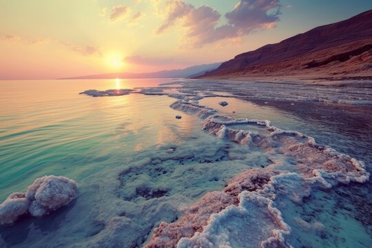 Breathtaking view of Dead Sea with salt formations and pink sunset, AI generated