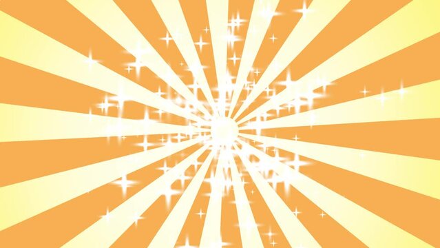 Abstract background animation with a sun motif. yellow and orange stripes rotating and sparkling stars popping out from the center.