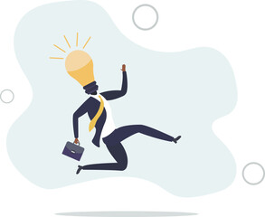 brilliant idea discovery, intelligence or wisdom to drive success concept, businessman jump lightbulb idea head.flat vector illustration