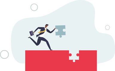 challenge and accomplishment concept, businessman complete last missing jigsaw puzzle piece.flat vector illustration