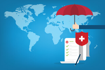 Medical healthcare insurance. Red shield on patient protection policy and pen on a world map background. International health insurance concept.