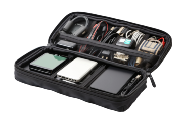 Black Electronics Case Filled With Wires. On a White or Clear Surface PNG Transparent Background.