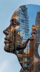 Buildings reflected in the contours of a human face  AI generated illustration