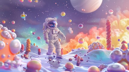 Naklejka premium CD creation of a whimsical space landscape with a cartoon astronaut AI generated illustration
