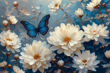 Blossom white chrysanthemum flowers pattern with blue black butterfly in garden