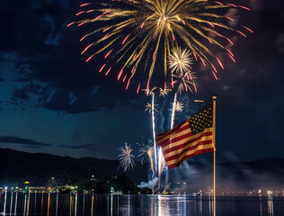 independence day (July 4th, in the us) A photo of the American flag waving in front, with fireworks illuminating the night sky behind during a family picnic for a heavy air show on a night at Lake
