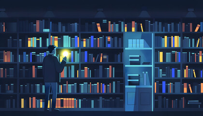 Icon of a librarian organizing books on the shelves when suddenly the power goes out plunging th Generative AI
