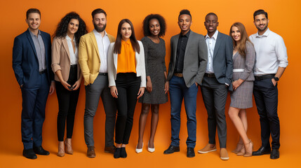 Happy diverse business people office workers team standing in row looking at camera. Multiethnic professional employees executives group posing together for corporate portrait on orange color