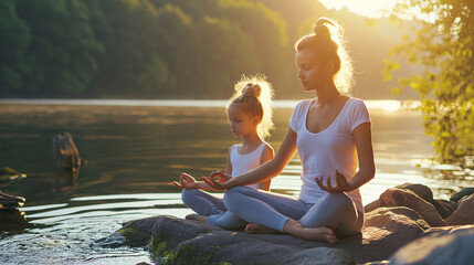 A woman and her daughter practice yoga on the river bank. The connection between mind and body - obrazy, fototapety, plakaty