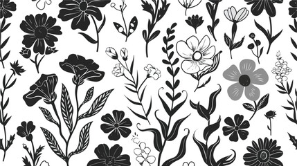 Monochrome floral illustration.Vector seamless pattern - obrazy, fototapety, plakaty